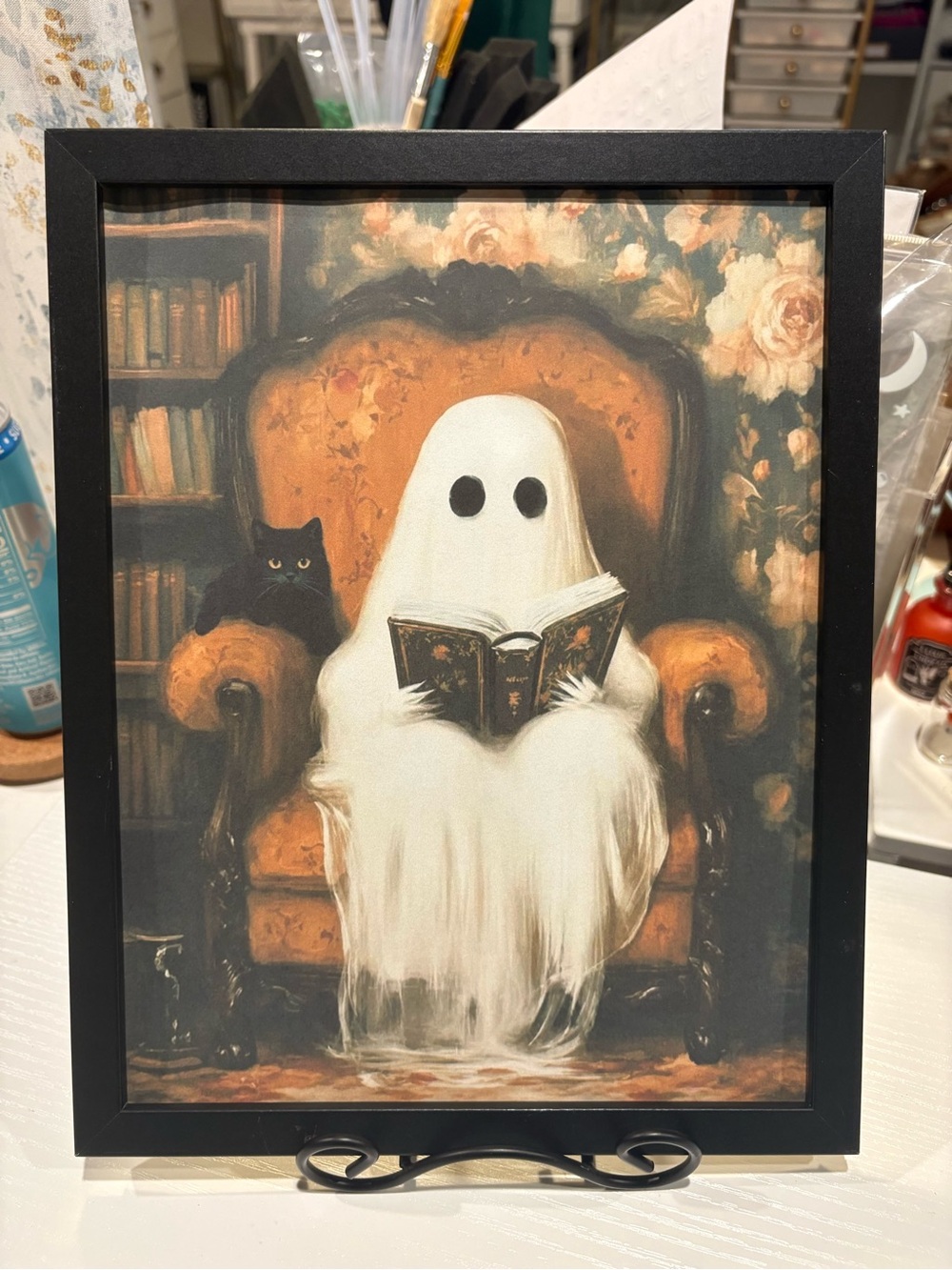 Framed Ghost Reading 8x10 Art Print - White Ghost on Orange Chair